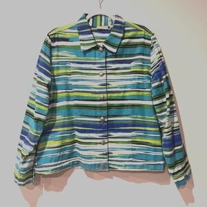 Women's Denim Stripe Blue White Green Blazer Jacket Decorative Buttons Size XL